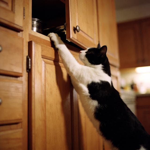 He climbed the cabinet and stretched his neck as far as it would go — not coming down until he figured out what was inside.